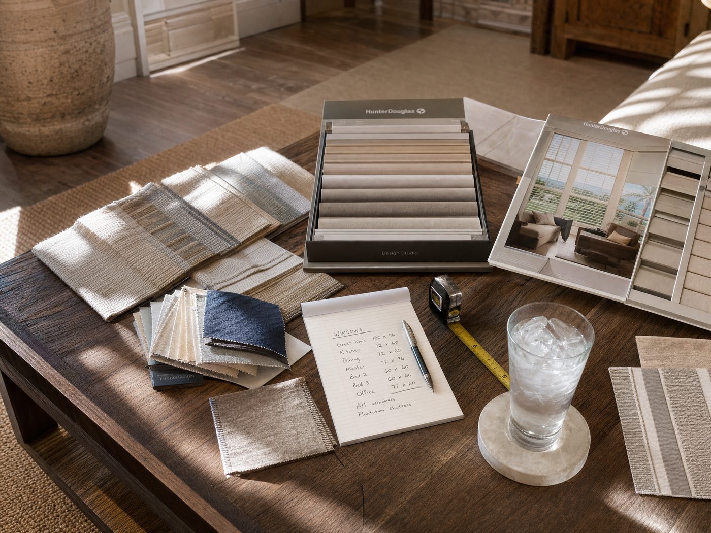 Accolade Interiors in-home design consultation with Hunter Douglas samples