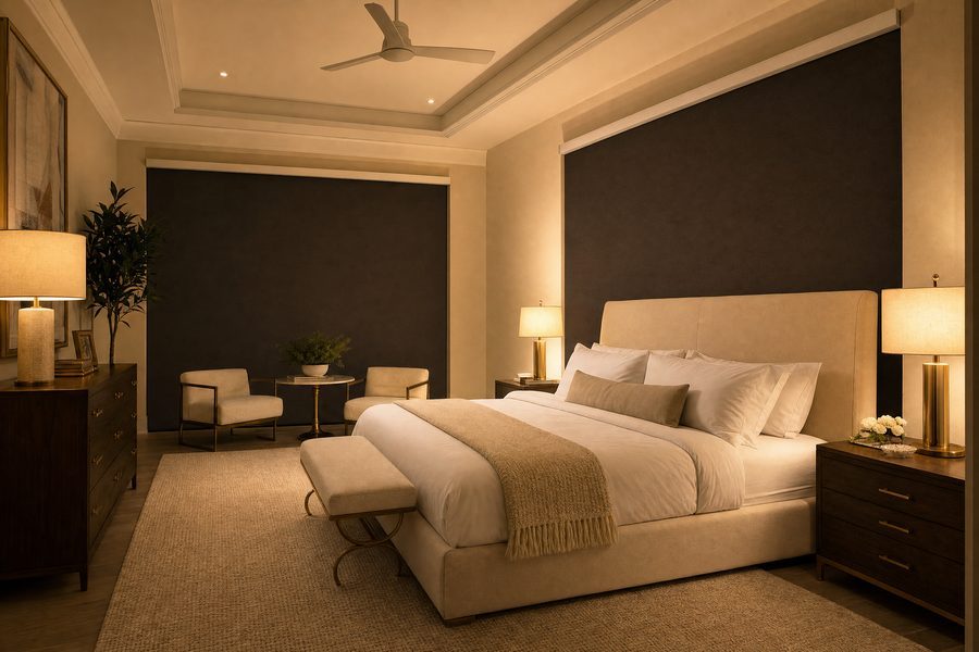 Hunter Douglas Roller Shades blackout room darkening in a Tampa Bay bedroom — installed by Accolade Interiors