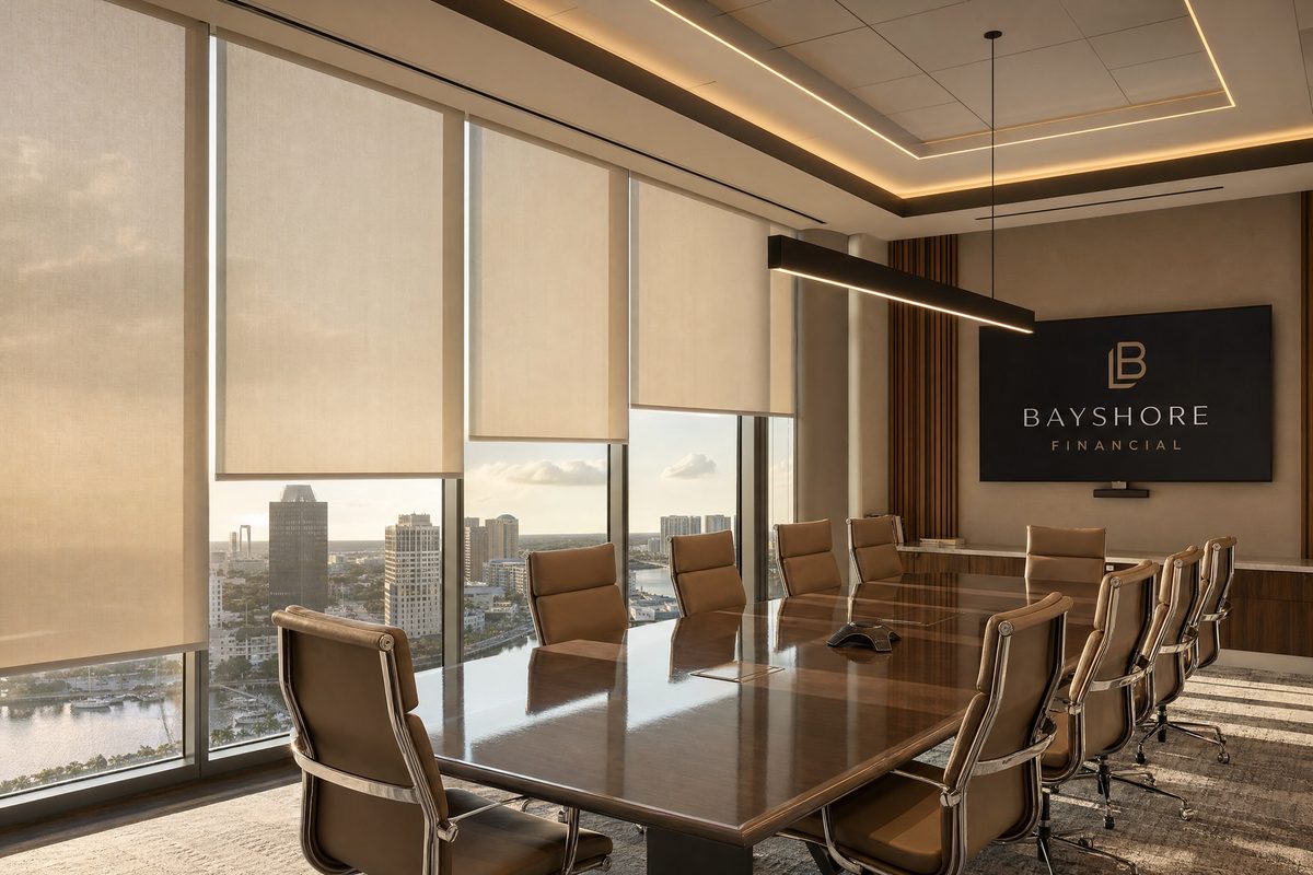 Commercial motorized roller shades in a Tampa Bay executive conference room for glare control and privacy