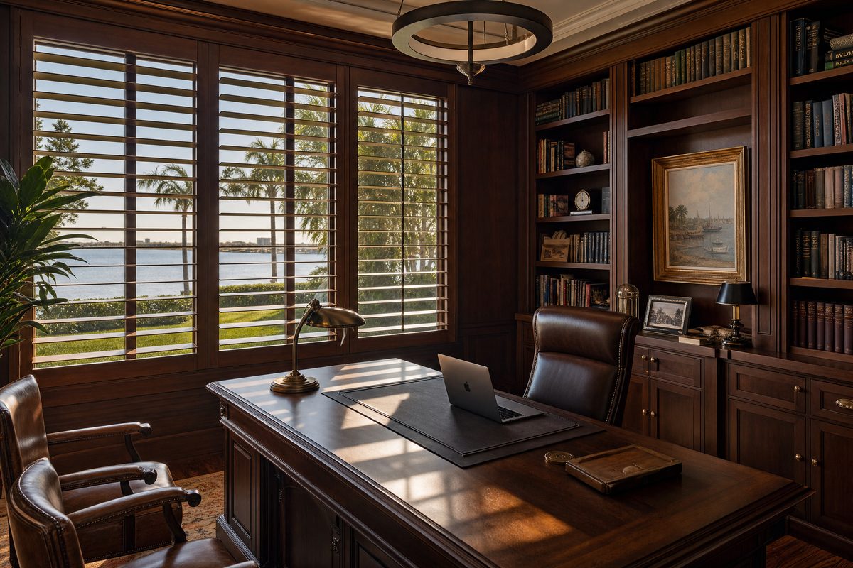 Custom plantation shutters or motorized shades in a luxury South Tampa home office
