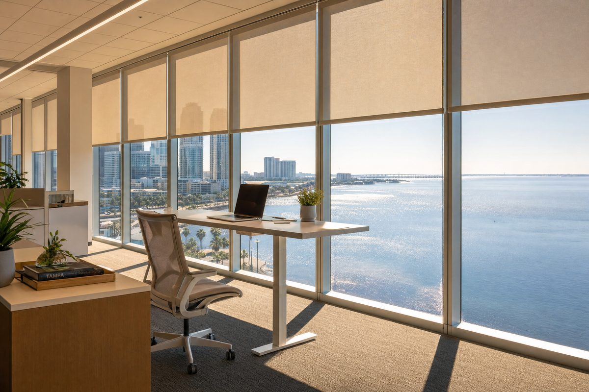 Hunter Douglas motorized solar shades in a Rocky Point Tampa Bay Class-A office with waterfront views