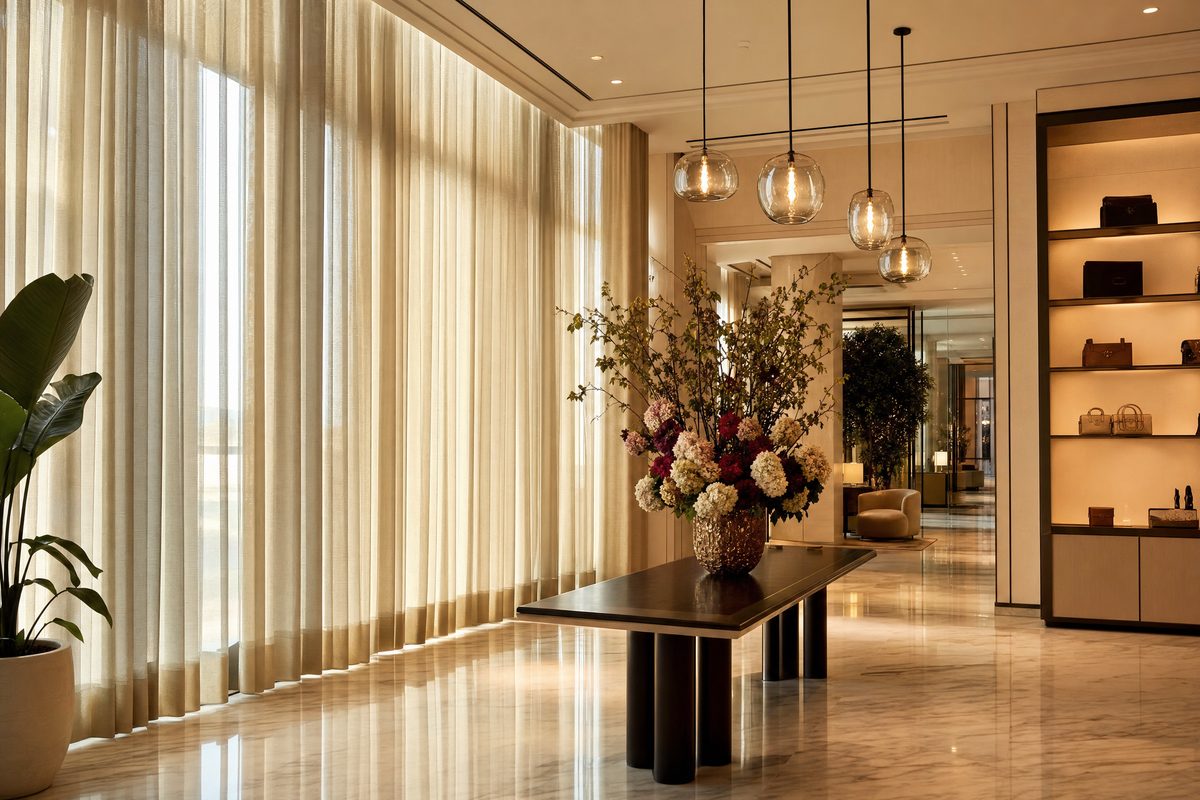 Custom window treatments in an upscale Tampa Bay retail boutique or hospitality environment