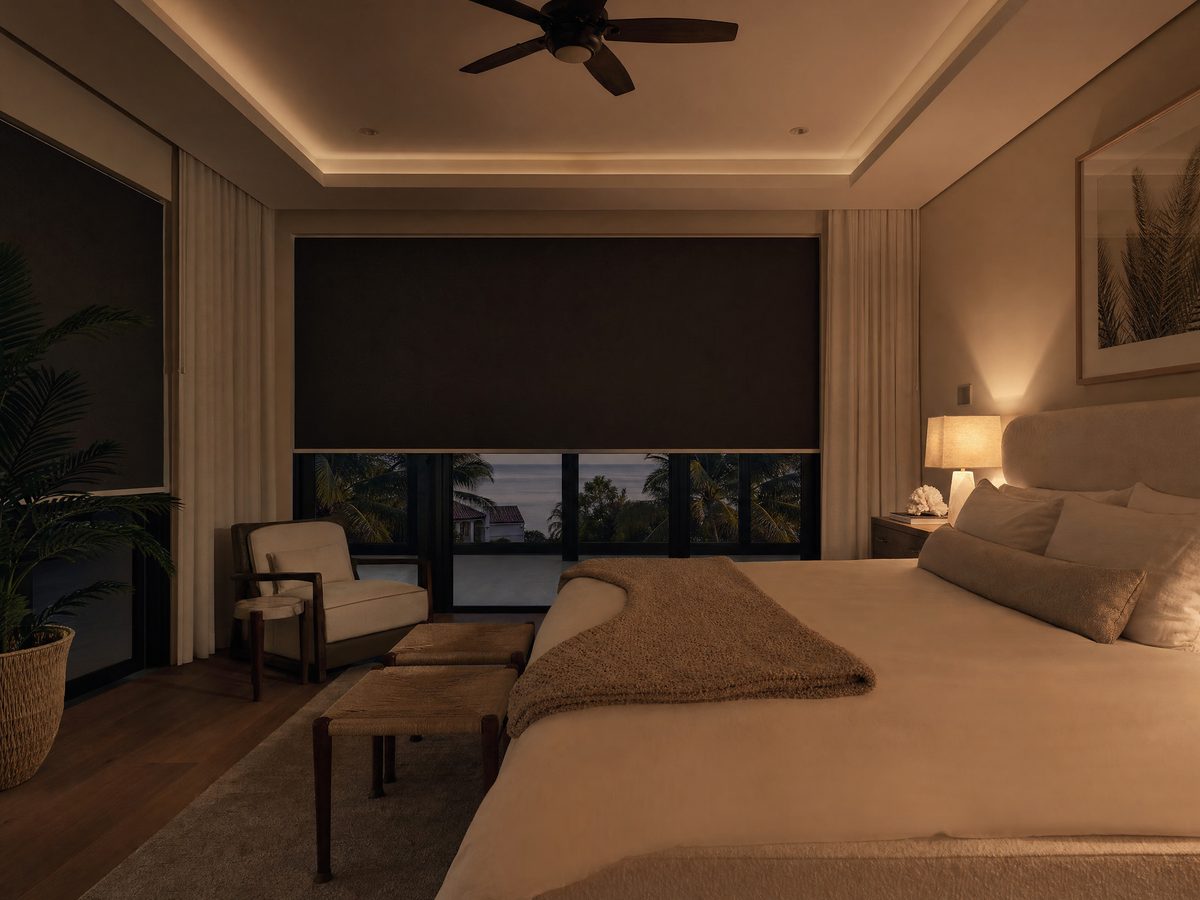 Motorized blackout shades in a Tampa Bay master bedroom