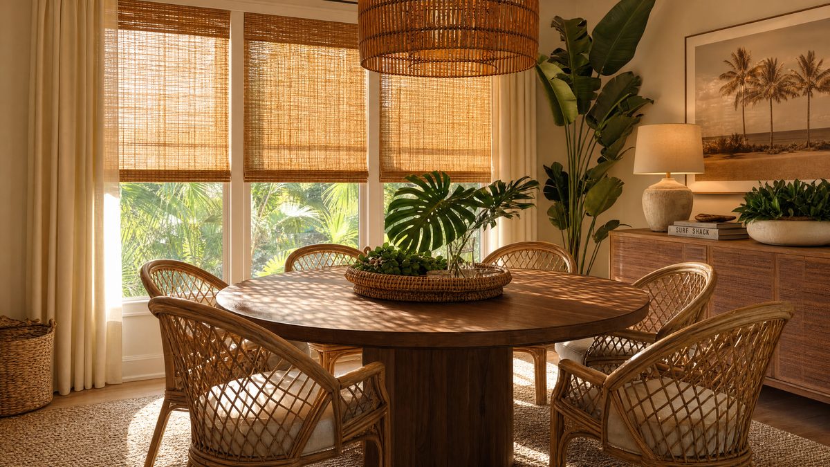 Woven wood natural shades in a Tampa Bay home