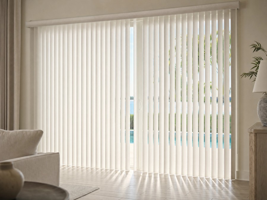 Vertical blinds on a sliding glass door in a Tampa Bay waterfront home